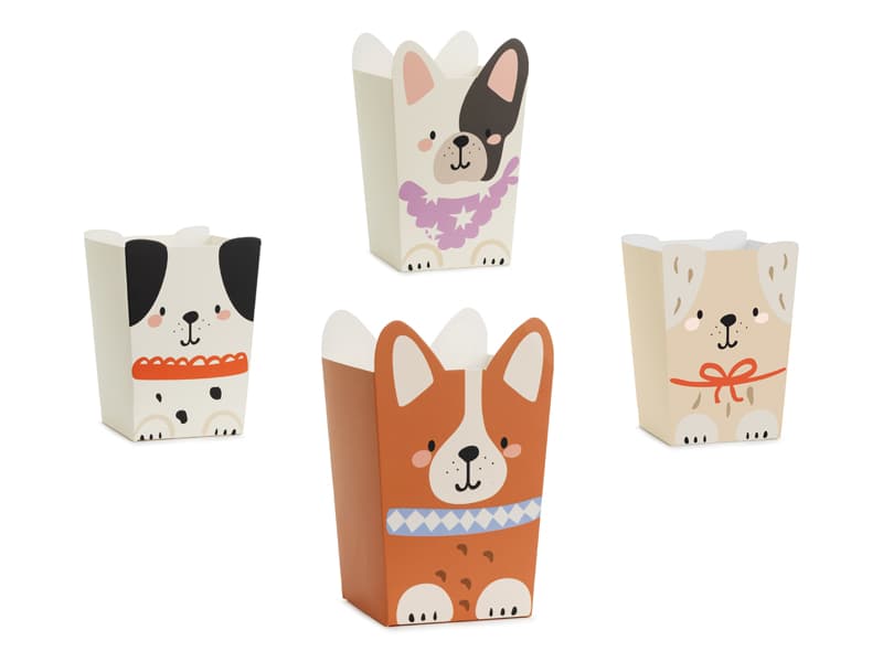 Pudełka na popcorn Pieski, 8,7x8,7 cm, mix (1 op. / 6 szt.)