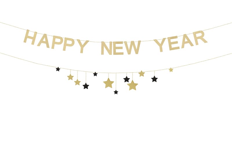 Baner Happy New Year z gwiazdkami, 300 cm, złoty