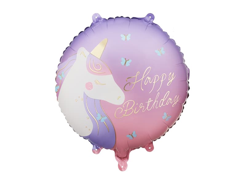 Balon foliowy pastylka Happy Birthday z jednorożcem, 35x35 cm, mix