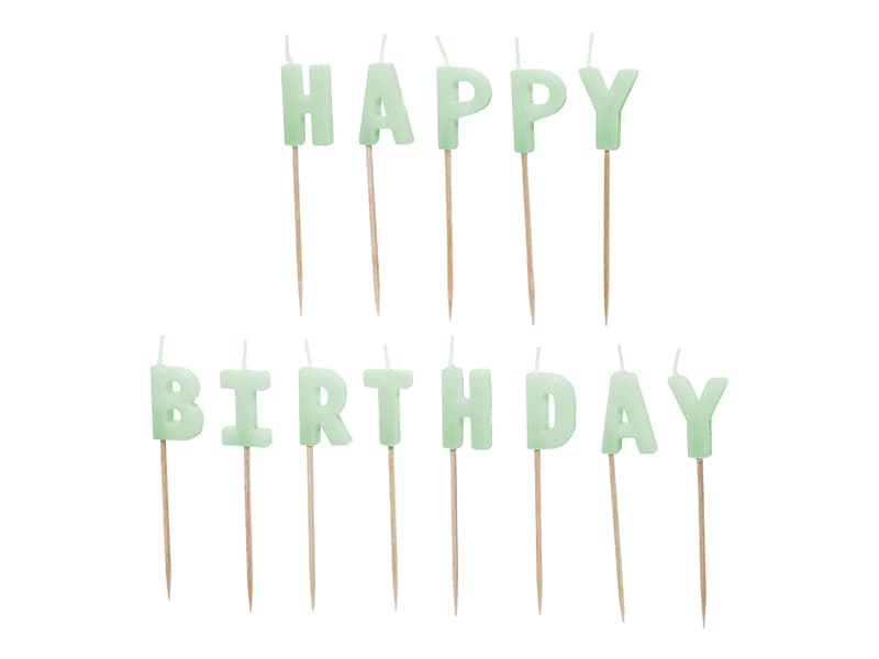 Świeczki urodzinowe Happy Birthday, 2,5 cm, jasny zielony (1 op. / 13 szt.)