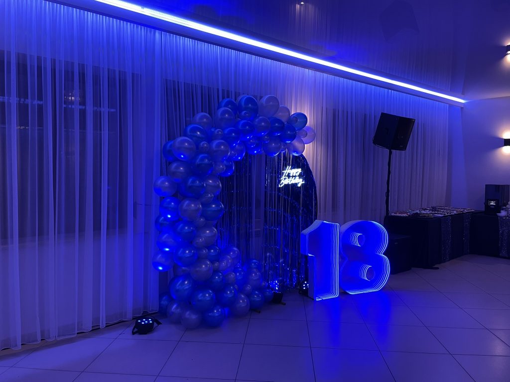 Niebieska ścianka balonowa na 18 urodziny Wiktorii