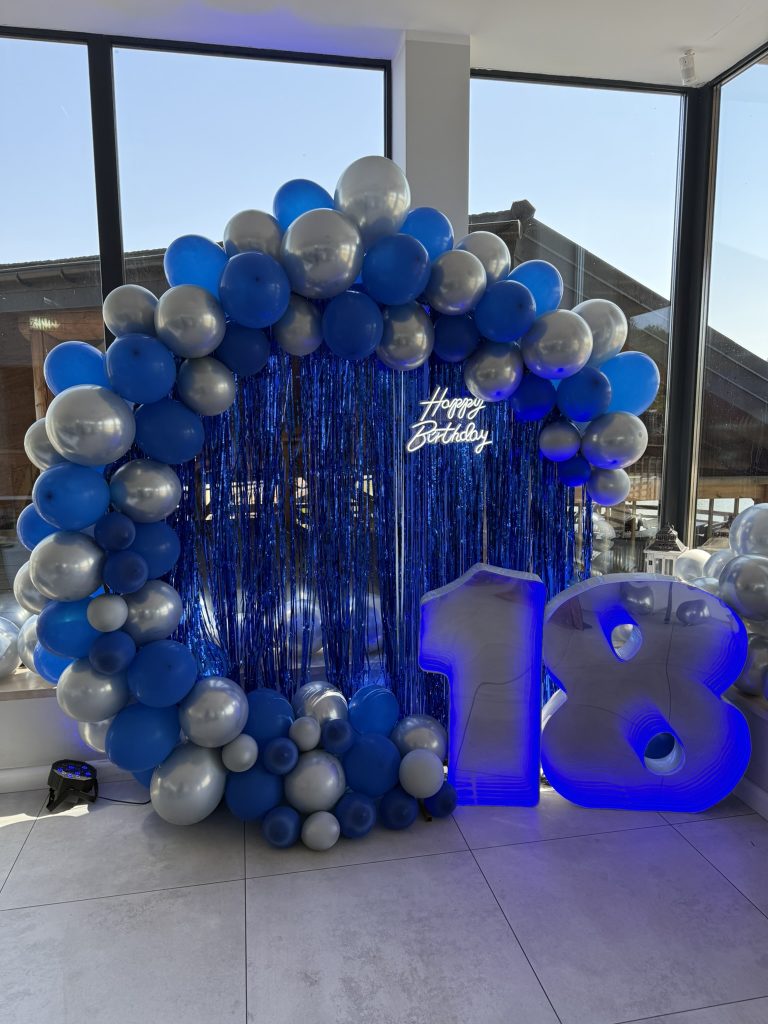 Dekoracja na 18 urodziny w sali z dużymi przeszkleniami – cyfra LED 18