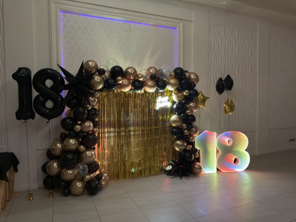 🖤✨ Czarno-złota dekoracja na 18. urodziny – ścianka glamour z cyfrą INFINITY MIRROR Czarno-złota dekoracja na 18 urodziny z podświetlaną cyfrą LED 18