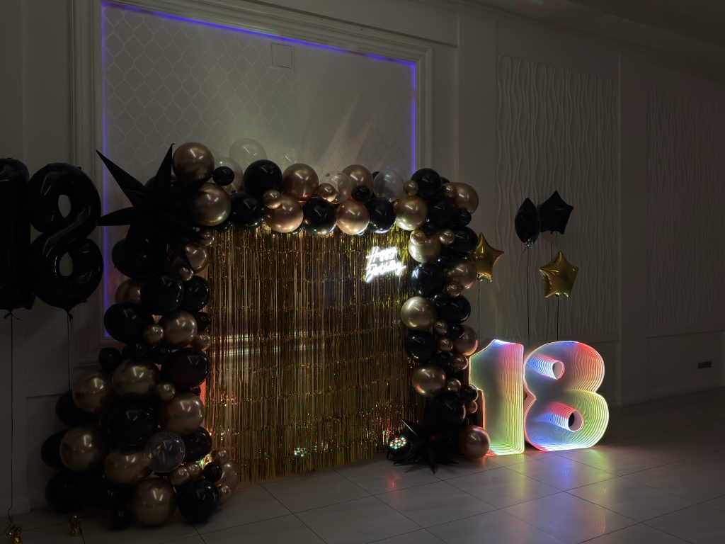 🖤✨ Czarno-złota dekoracja na 18. urodziny – ścianka glamour z cyfrą INFINITY MIRROR Autorska cyfra LED 18 RGB – dekoracja osiemnastki premium