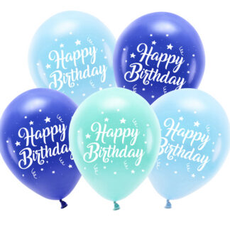 Balony Eco 26 cm, Happy Birthday, niebieski (1 op. / 5 szt.)