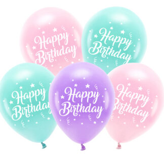 Balony Eco 26 cm, Happy Birthday, różowy (1 op. / 5 szt.)