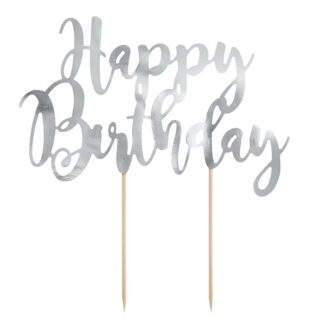Topper na tort Happy Birthday, srebrny, 22,5cm