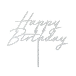 Topper akrylowy na tort Happy Birthday, 18×16.5 cm, srebrny brokatowy