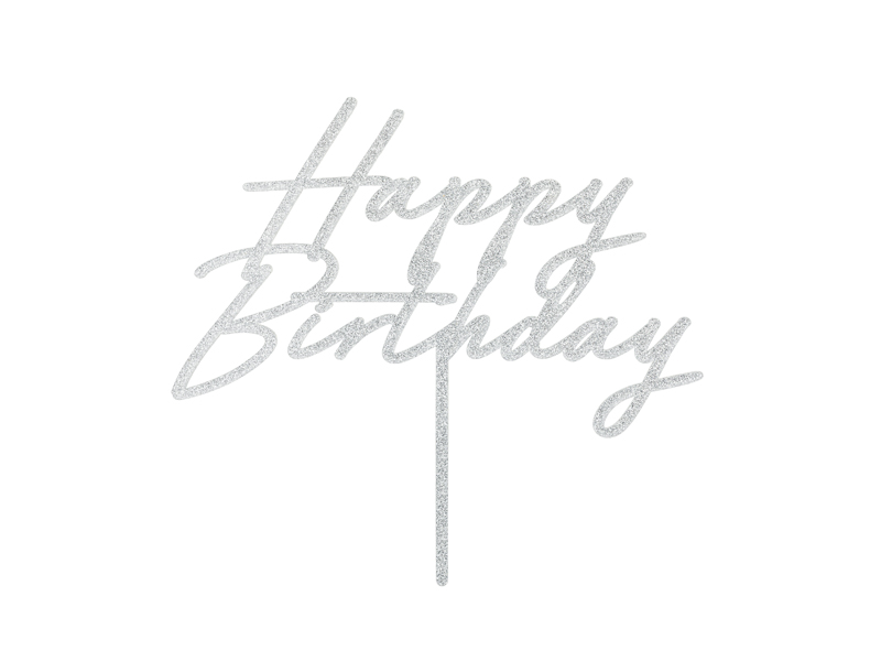 Topper akrylowy na tort Happy Birthday, 18x16.5 cm, srebrny brokatowy