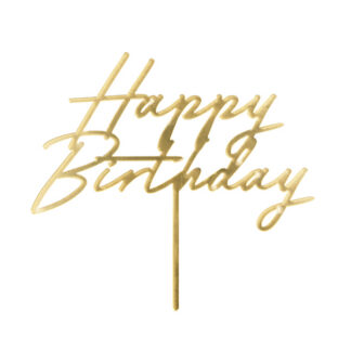 Topper akrylowy na tort Happy Birthday, 18×16.5 cm, złoty