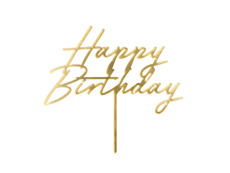 Topper akrylowy na tort Happy Birthday, 18x16.5 cm, złoty