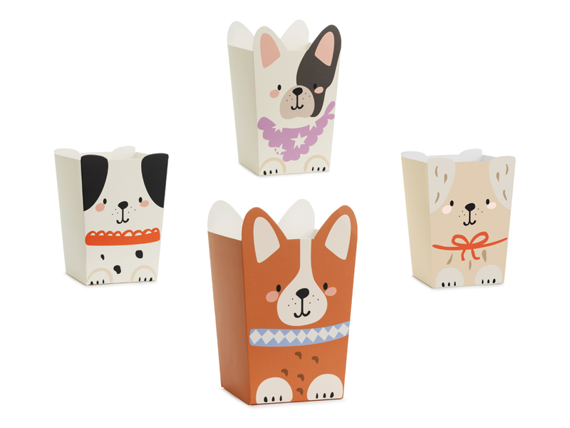 Pudełka na popcorn Pieski, 8,7x8,7 cm, mix (1 op. / 6 szt.)