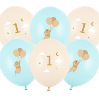Balony 30 cm, Myszki z cyferką 1, Light Blue (1 op. / 6 szt.)