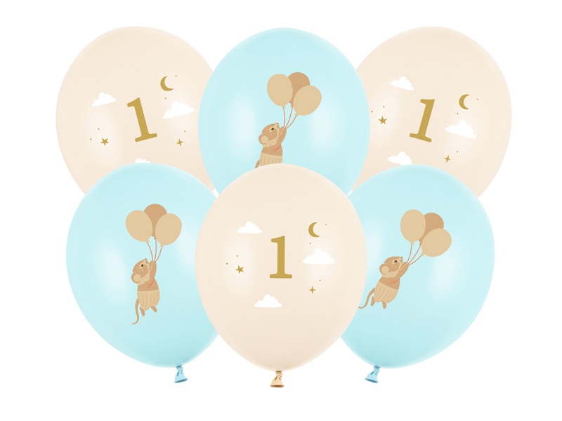 Balony 30 cm, Myszki z cyferką 1, Light Blue (1 op. / 6 szt.)