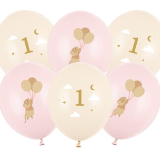 Balony 30 cm, Myszki z cyferką 1, Pale Pink (1 op. / 6 szt.)
