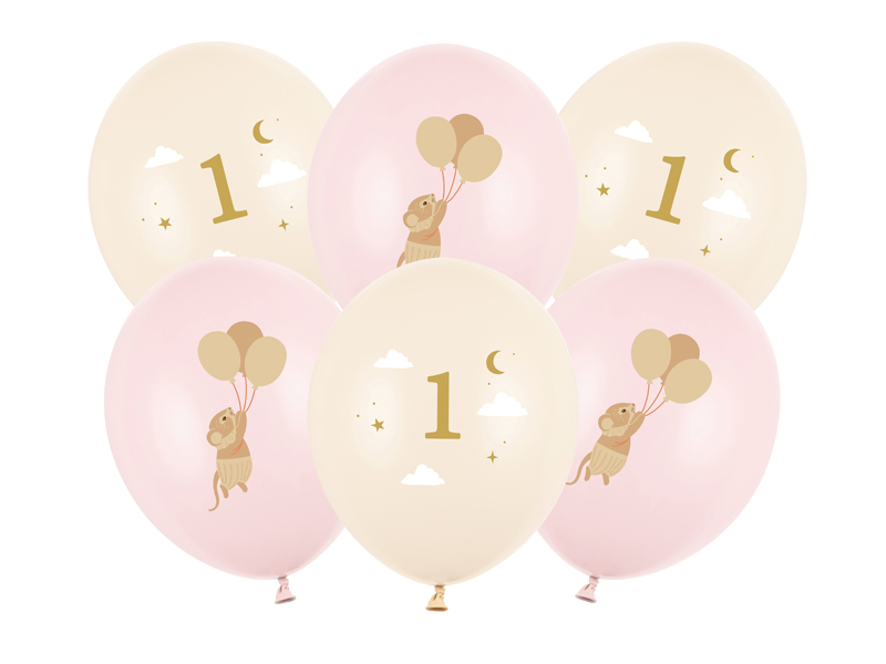 Balony 30 cm, Myszki z cyferką 1, Pale Pink (1 op. / 6 szt.)