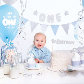 Zestaw dekoracji party – 1st Birthday, srebrny