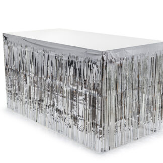 Skirting foliowy z frędzlami, srebrny, 300x80cm