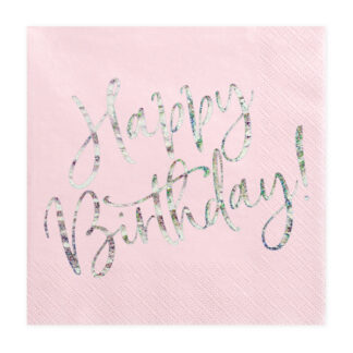Serwetki Happy Birthday, jasny pudrowy róż, 33x33cm (1 op. / 20 szt.)