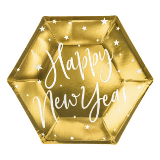 Talerzyki Happy New Year, złoty, 20cm (1 op. / 6 szt.)