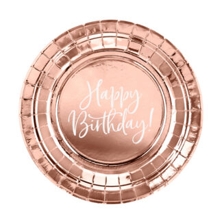 Talerzyki Happy Birthday!, różowe złoto, 18cm (1 op. / 6 szt.)