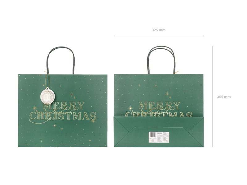 Torebka na prezenty Merry Christmas, butelkowa zieleń, 32.5x26.5x11.5cm - obrazek 3