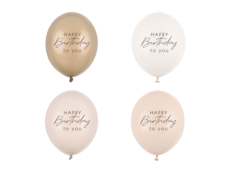 Balony 30 cm, Happy Birthday, mix beżowy (1 op. / 50 szt.)