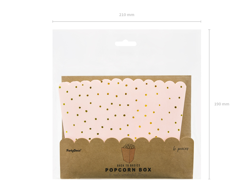 Pudełka na popcorn Kropki, jasny różowy, 7x7x12.5cm (1 op. / 6 szt.) - obrazek 3