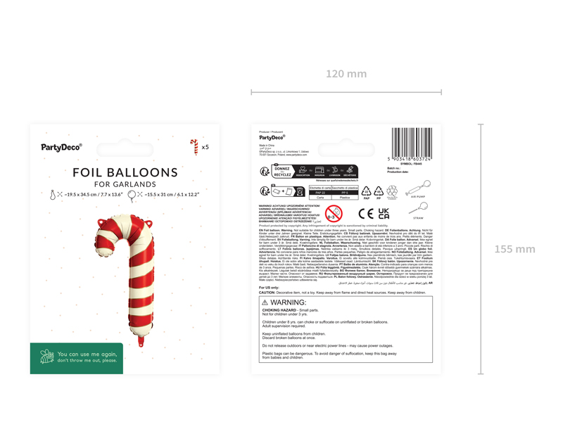 Balon foliowy do girland Cukrowa laska, 15,5x31 cm, biało-czerwona (1 op. / 5 szt.) - obrazek 4