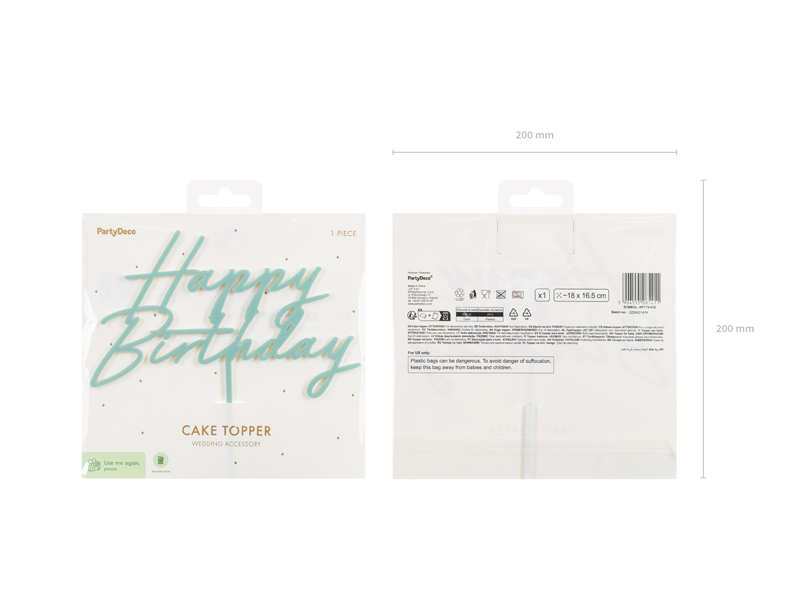 Topper akrylowy na tort Happy Birthday, zieleń, 16.5 cm - obrazek 4