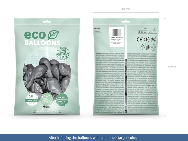 Balony Eco 30cm metalizowane, srebrny (1 op. / 100 szt.) - obrazek 2