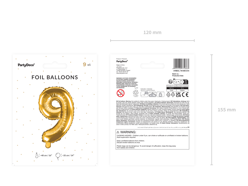 Balon foliowy Cyfra ''9'', 35cm, złoty - obrazek 5