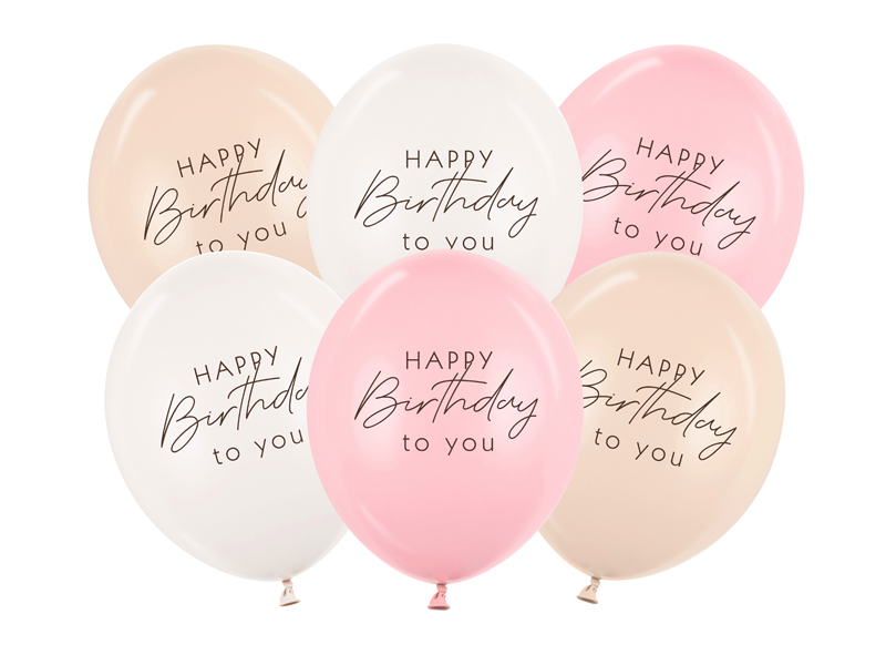 Balony 30 cm, Happy Birthday, mix różowy (1 op. / 6 szt.)
