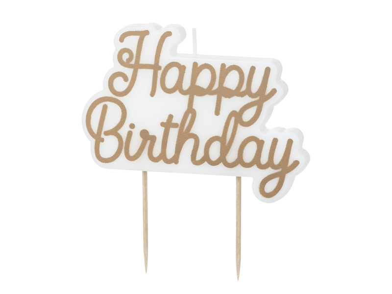 Świeczka urodzinowa Happy Birthday, zimny złoty, 7.5x10 cm