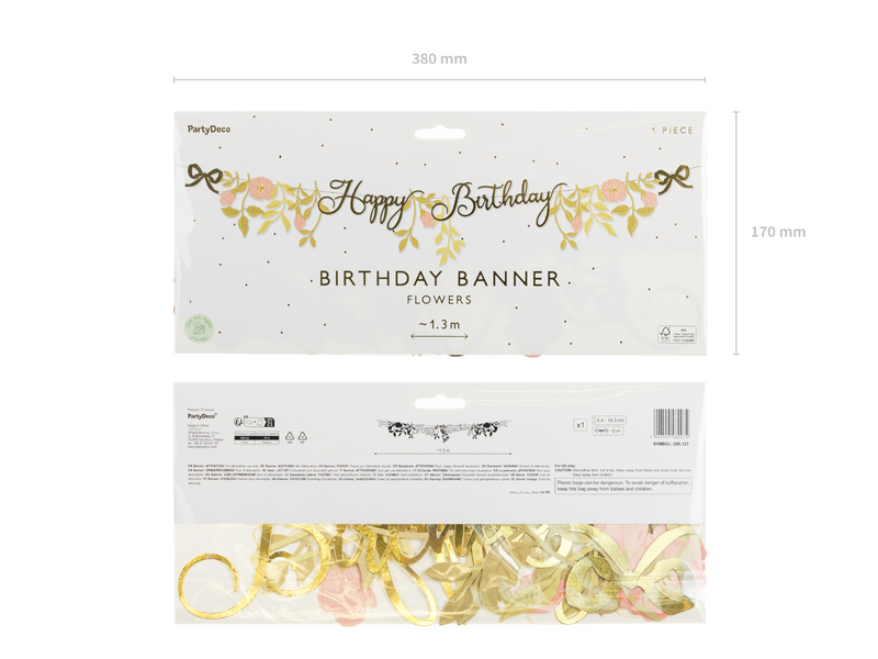 Baner Happy Birthday Kwiaty, różowo-złoty, 1.3m - obrazek 6