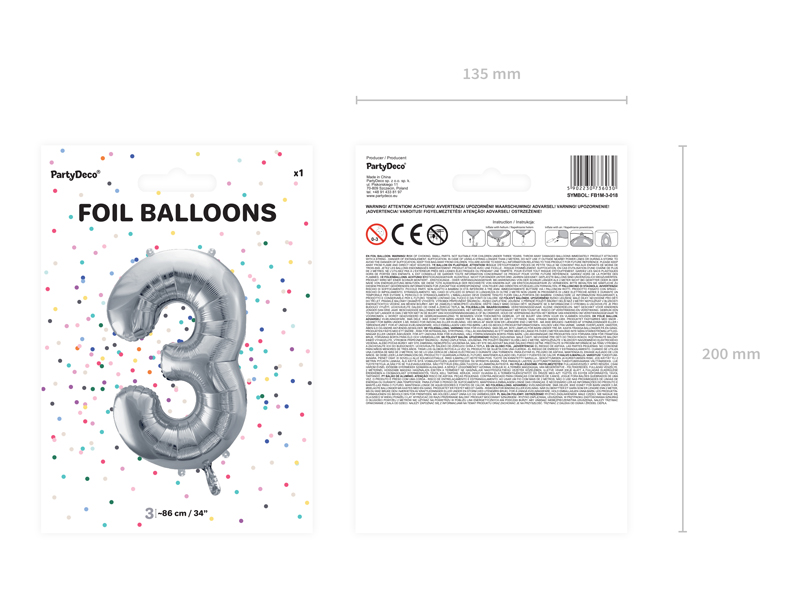 Balon foliowy Cyfra ''3'', 86cm, srebrny - obrazek 4