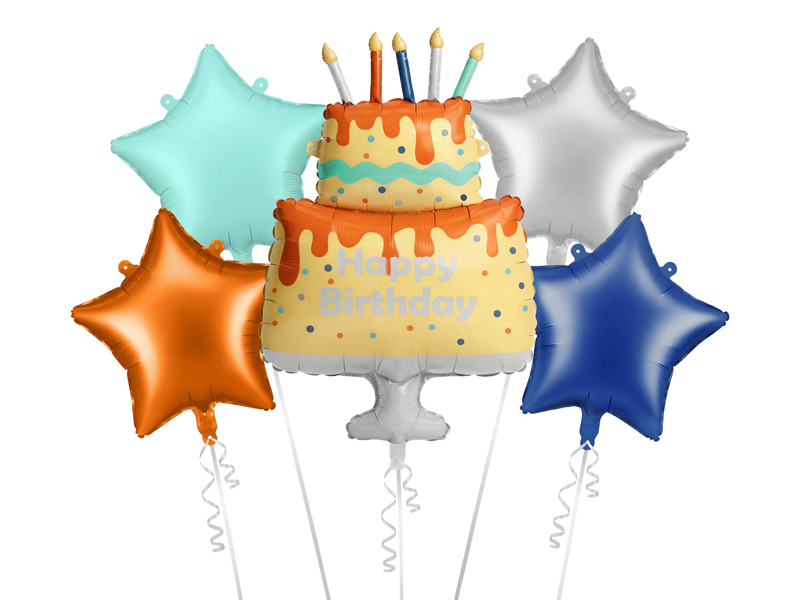Zestaw balonów foliowych Kolorowy Tort Happy Birthday, mix (1 op. / 5 szt.)