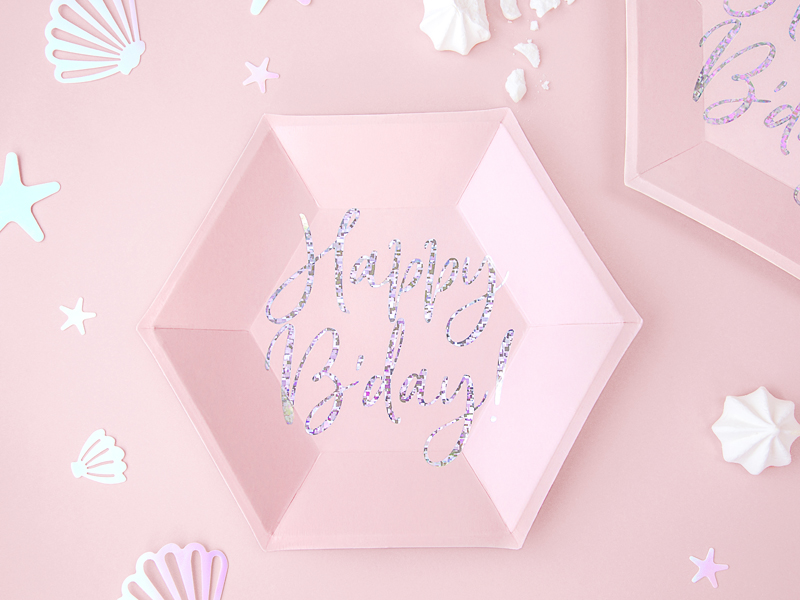 Talerzyki Happy B'day!, jasny pudrowy róż, 20cm (1 op. / 6 szt.) - obrazek 2
