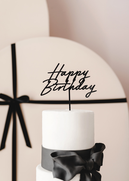 Topper akrylowy na tort Happy Birthday, czarny, 16.5 cm - obrazek 2