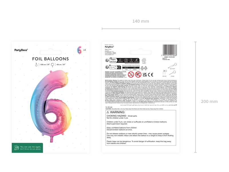 Balon foliowy Cyfra ''6'', 86cm, pastelowy tęczowy - obrazek 3