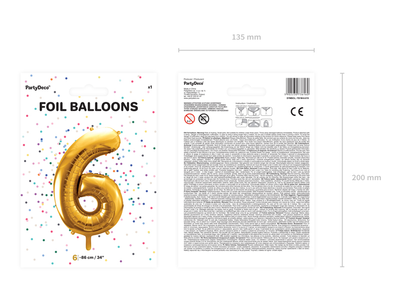 Balon foliowy Cyfra ''6'', 86cm, złoty - obrazek 4