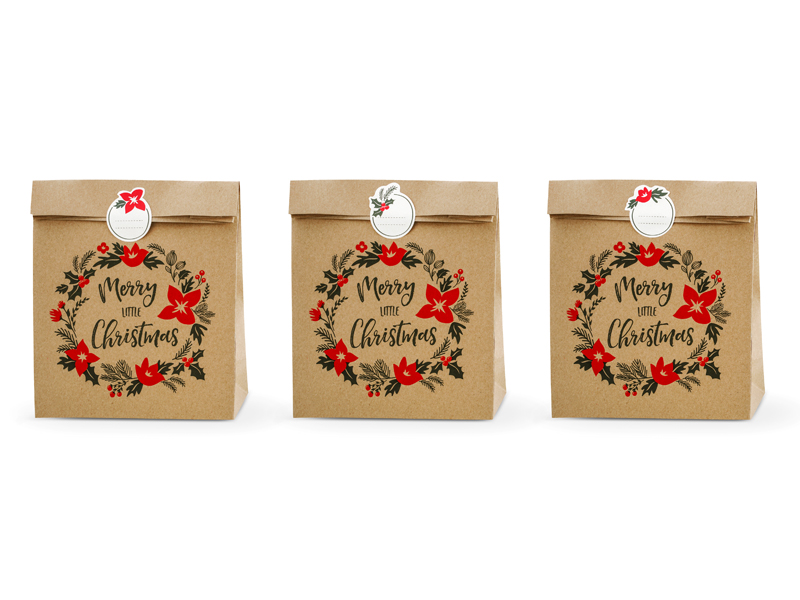 Torebki na prezenty Merry Little Christmas, kraft, 25x11x27cm (1 op. / 3 szt.)