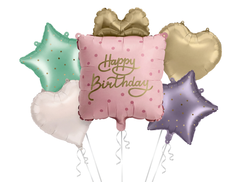 Zestaw balonów foliowych Prezent Happy Birthday, mix (1 op. / 5 szt.)