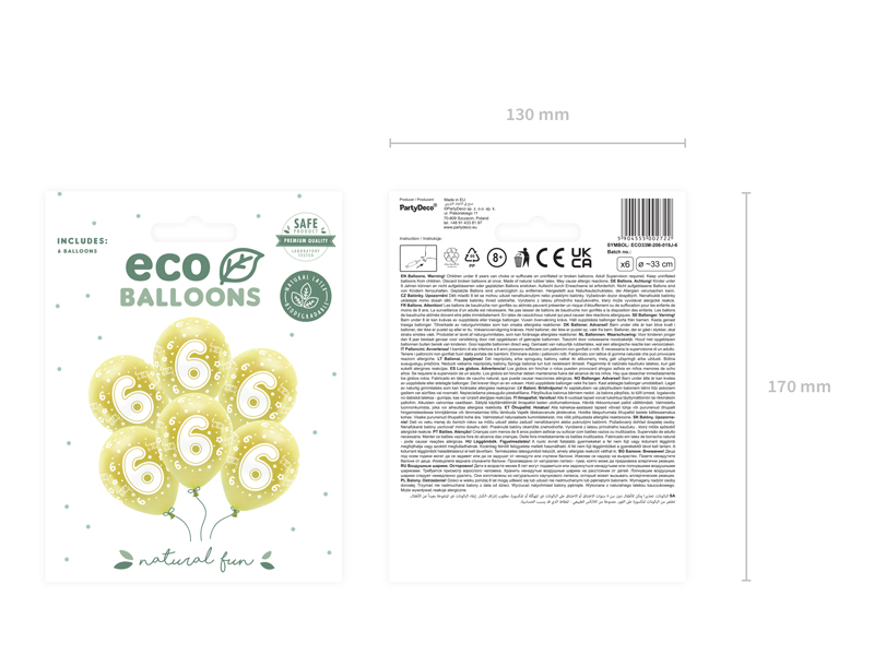Balony Eco 33 cm, Cyfra '' 6 '', jasny złoty (1 op. / 6 szt.) - obrazek 2