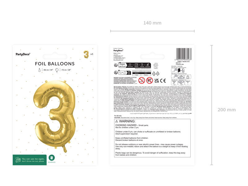 Balon foliowy Cyfra ''3'', 72cm, jasny złoty - obrazek 6