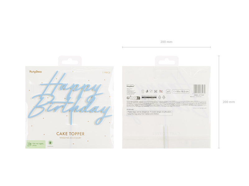 Topper akrylowy na tort Happy Birthday, mglisty niebieski, 16.5 cm - obrazek 5