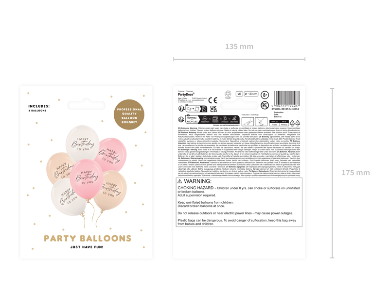 Balony 30 cm, Happy Birthday, mix różowy (1 op. / 6 szt.) - obrazek 3