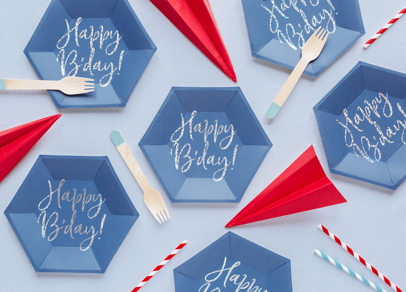 Talerzyki Happy B'day!, granatowy, 20cm (1 op. / 6 szt.) - obrazek 3