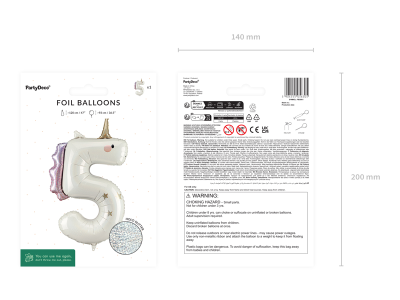 Balon foliowy Cyfra ''5'' Jednorożec, 93cm, mix - obrazek 3