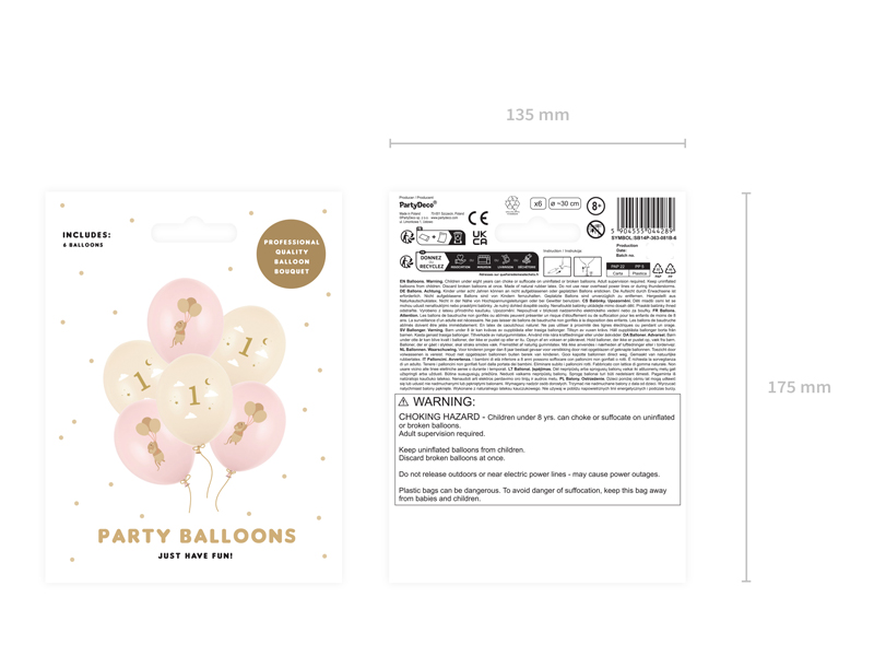 Balony 30 cm, Myszki z cyferką 1, Pale Pink (1 op. / 6 szt.) - obrazek 2